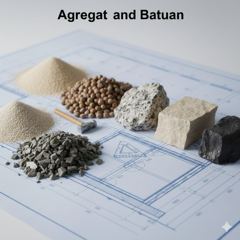 Berbagai jenis agregat (pasir, kerikil, batu pecah) dan sampel batuan (granit, marmer) di atas blueprint arsitektur atau sipil.