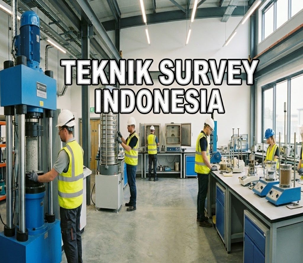 Teknisi Teknik Survey Indonesia menggunakan mesin uji tekan beton di laboratorium